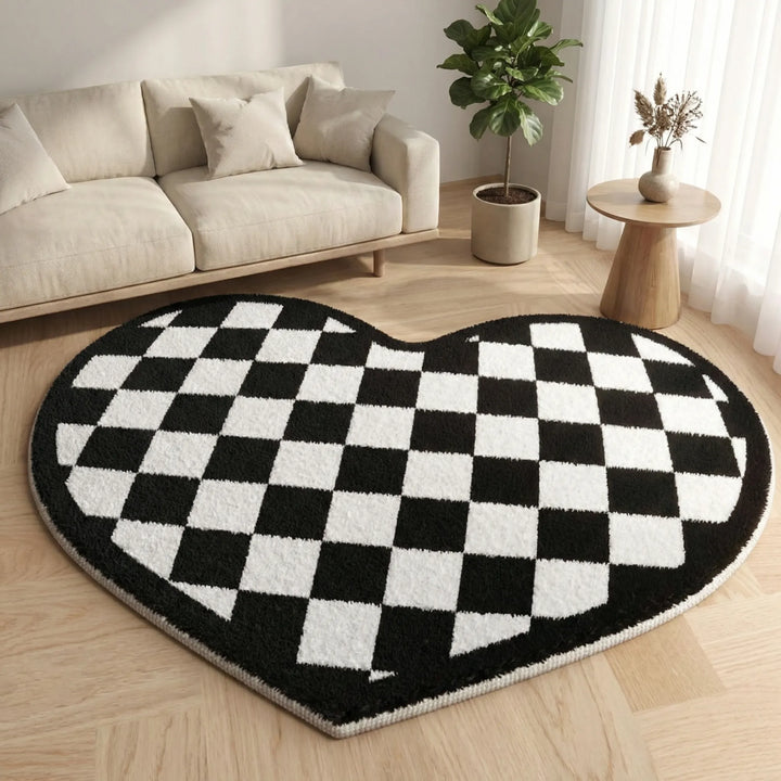 Geometric heart area rug with Flowique wave pattern. Durable, easy-care, and slip-resistant for any cozy room.