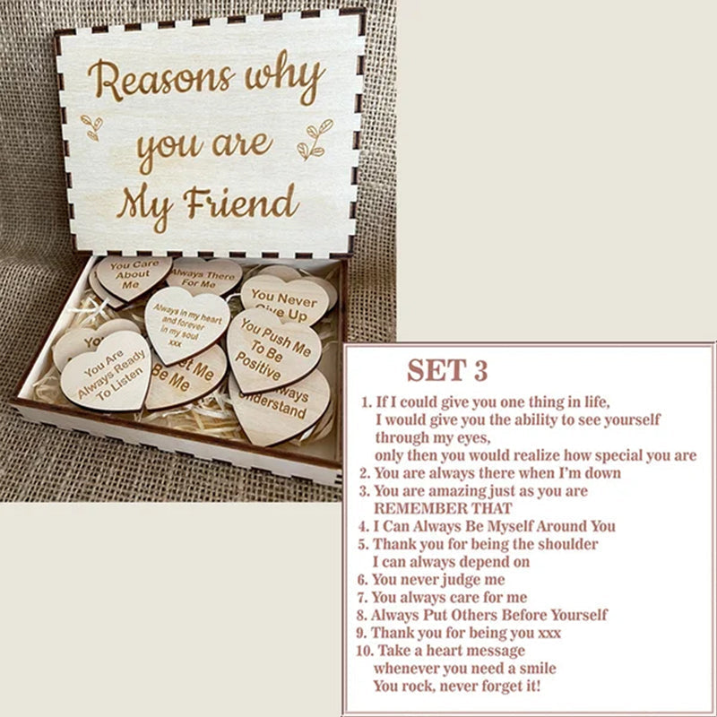 Side profile of the Heartfelt Reasons Why You Are My Friend keepsake, showing its sturdy wooden build