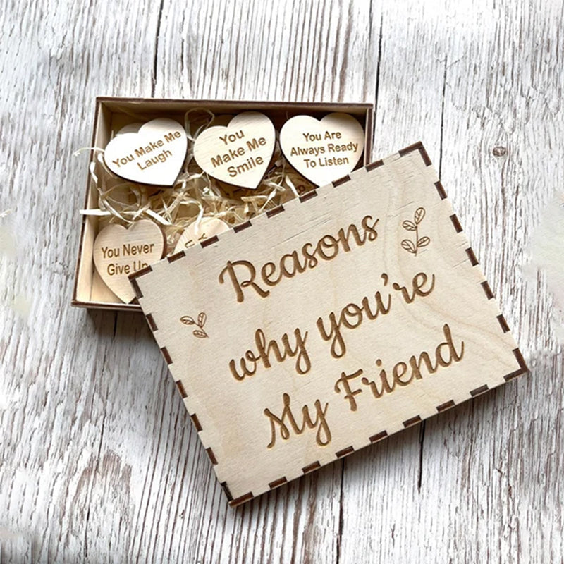 Close-up of Heartfelt Reasons Why You Are My Friend gift, showing engraved details on basswood