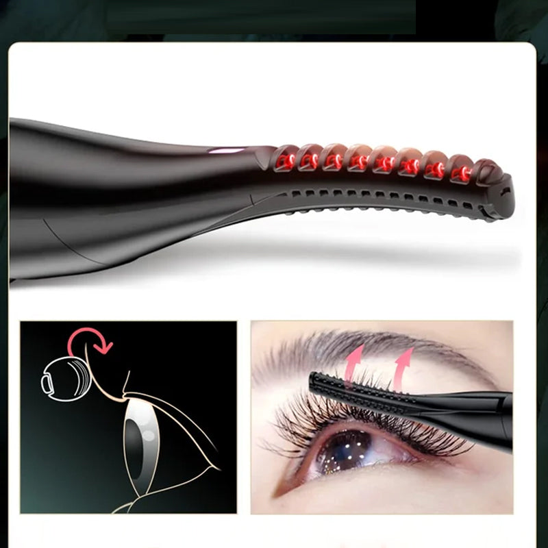 Close-up of a pink heated eyelash curler, showing the precise silicone pad for safe curling