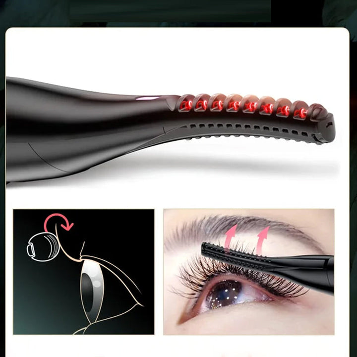 Close-up of a pink heated eyelash curler, showing the precise silicone pad for safe curling