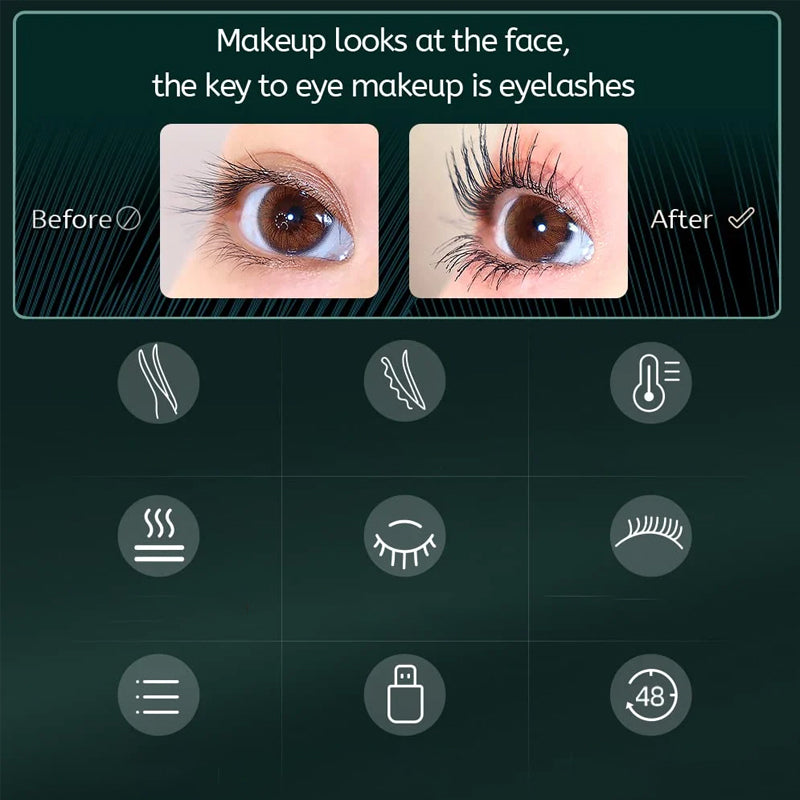 User demonstrating how to use the heated eyelash curler for dramatic, natural-looking curled eyelashes