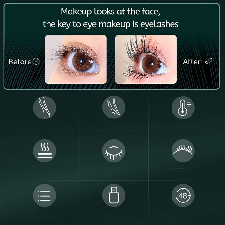 User demonstrating how to use the heated eyelash curler for dramatic, natural-looking curled eyelashes