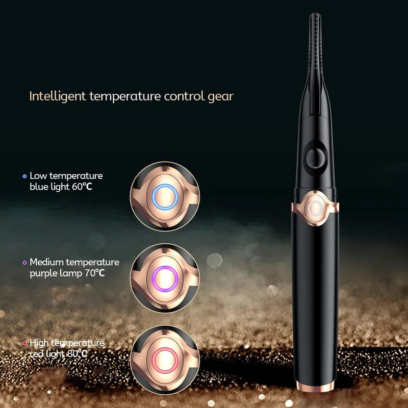 Makeup bag with pink heated eyelash curler, showcasing its portability alongside other beauty products