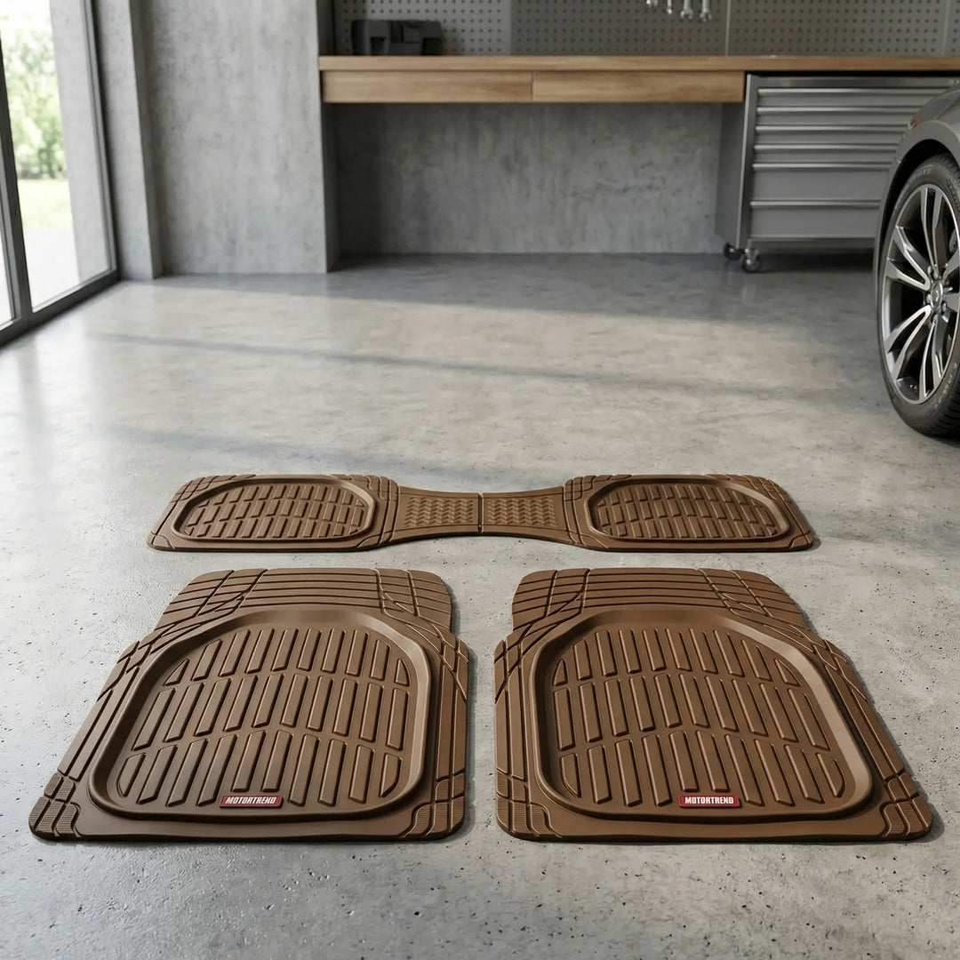 Heavy-duty all-weather car floor liners, trim-to-fit for universal vehicle protection against dirt & spills.