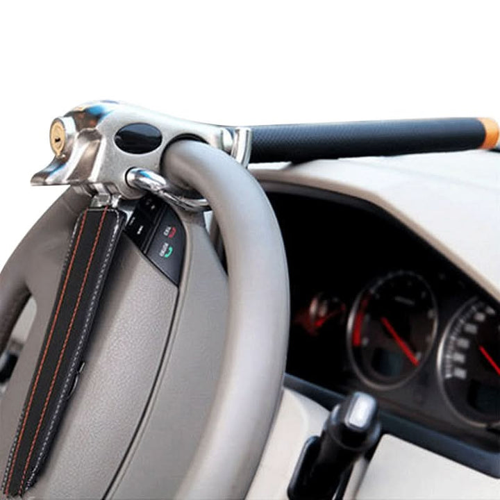 High-security anti-theft steering wheel lock. Visible deterrent for car security, offering strong vehicle protection.