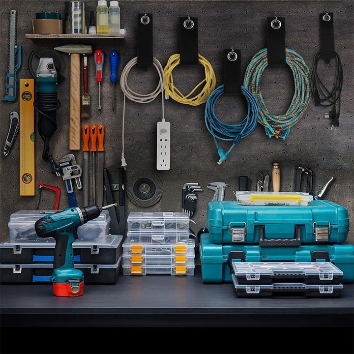 Strong nylon storage straps with hook-and-loop fastening, excellent for garage and utility cord bundling.