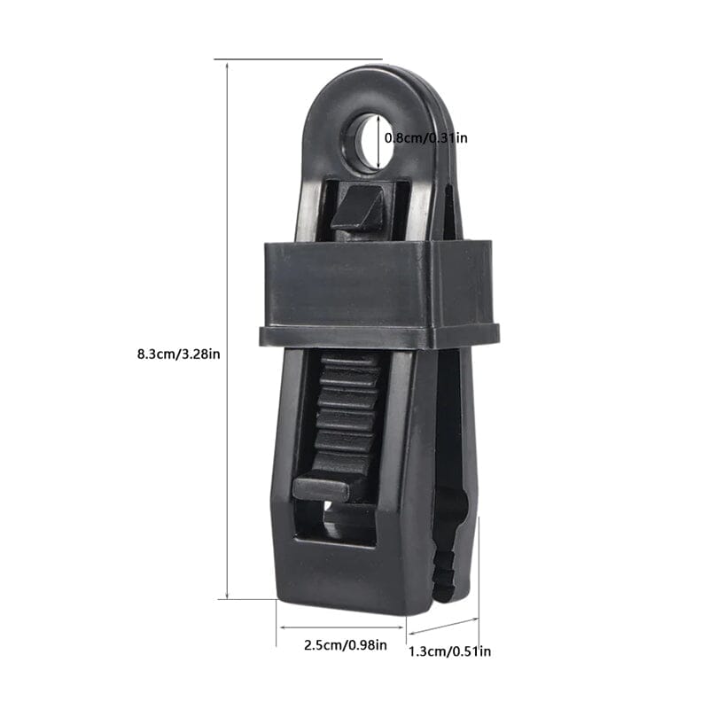 Durable black tarp clips, essential camping accessories for creating impromptu shelters.