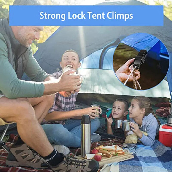 Close-up of a heavy-duty tarp clip, showing its strong lock grip for outdoor use.