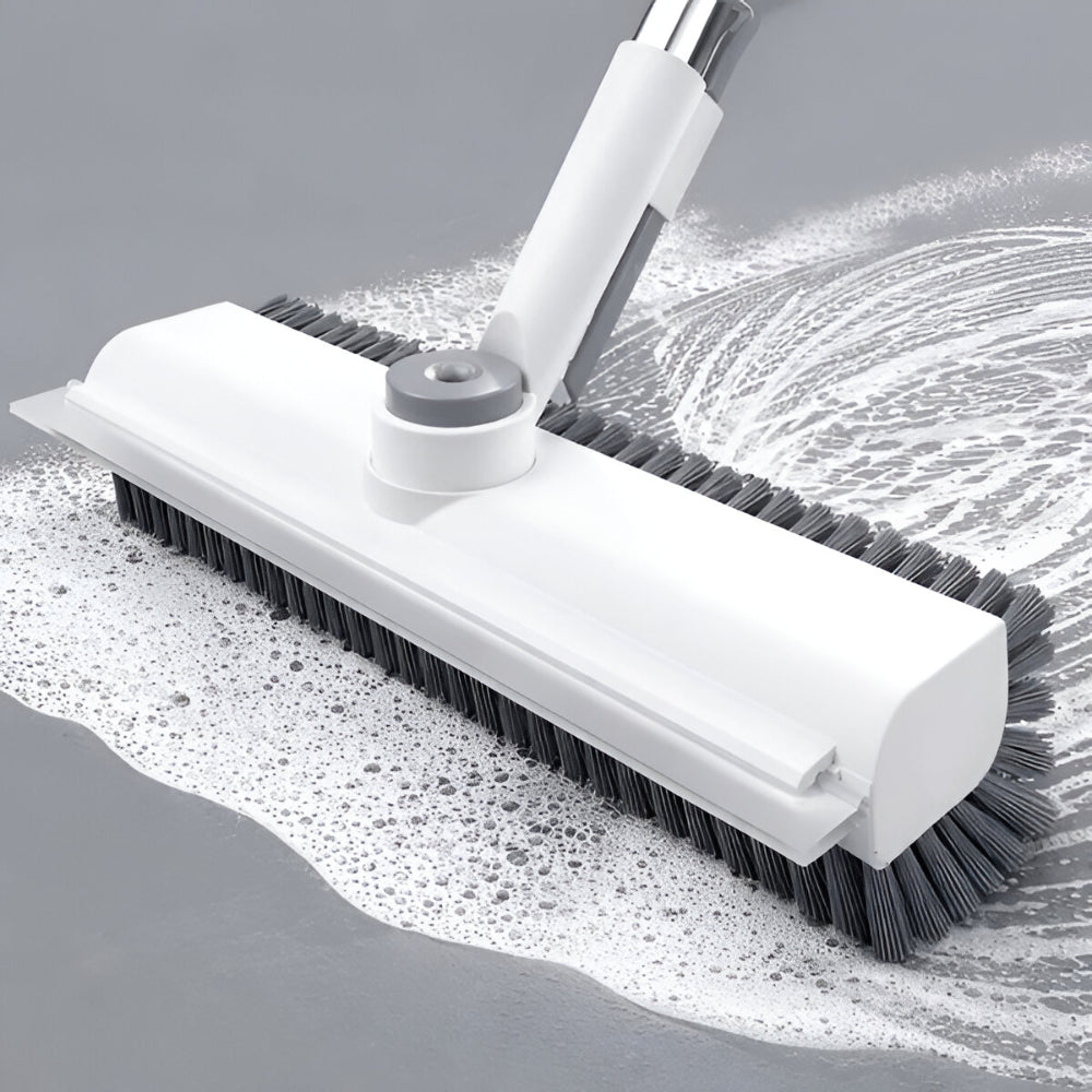Heavy-duty floor scrub brush with long handle for powerful tile and grout cleaning in bathrooms & kitchens.