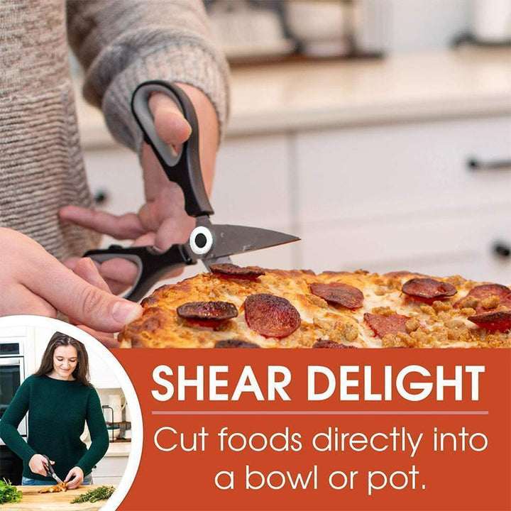 Close-up of heavy-duty kitchen shears, sharp stainless steel blades for effortless cutting