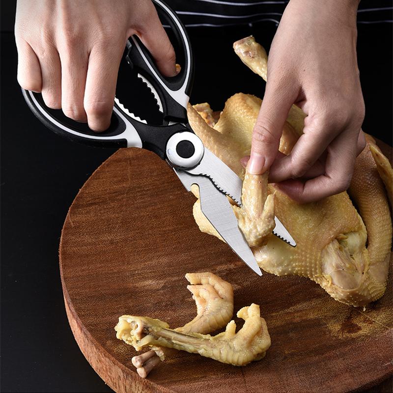 Versatile kitchen shears with built-in bottle opener, durable stainless steel construction