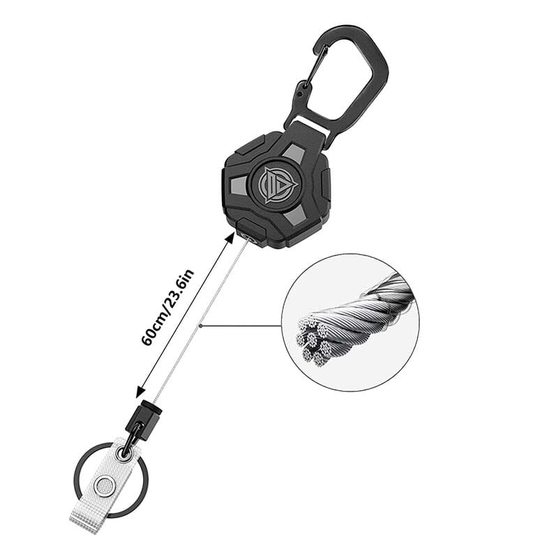 Heavy-duty retractable keychain featuring a sturdy clip attachment for belts or bags.