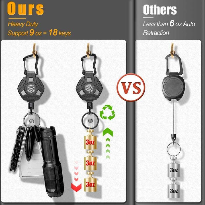 Silver heavy-duty retractable keychain for ID badges and keys, strong utility accessory.