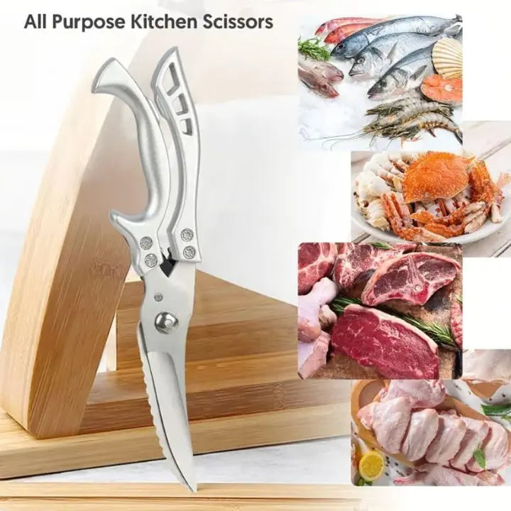Multipurpose kitchen shears with fish scaler feature, heavy-duty stainless steel for seafood prep.