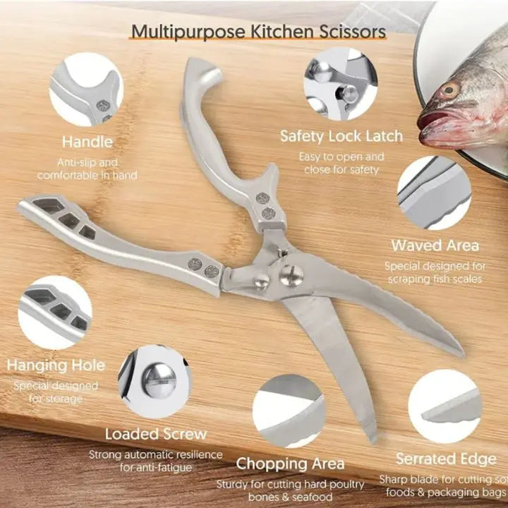 Efficient food prep with multipurpose stainless steel kitchen shears, making every cut effortless & precise.