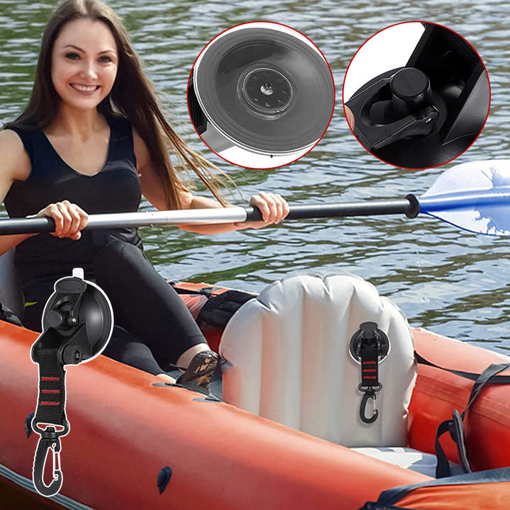 Various applications of the suction cup anchor hook for outdoor gear and home organization.