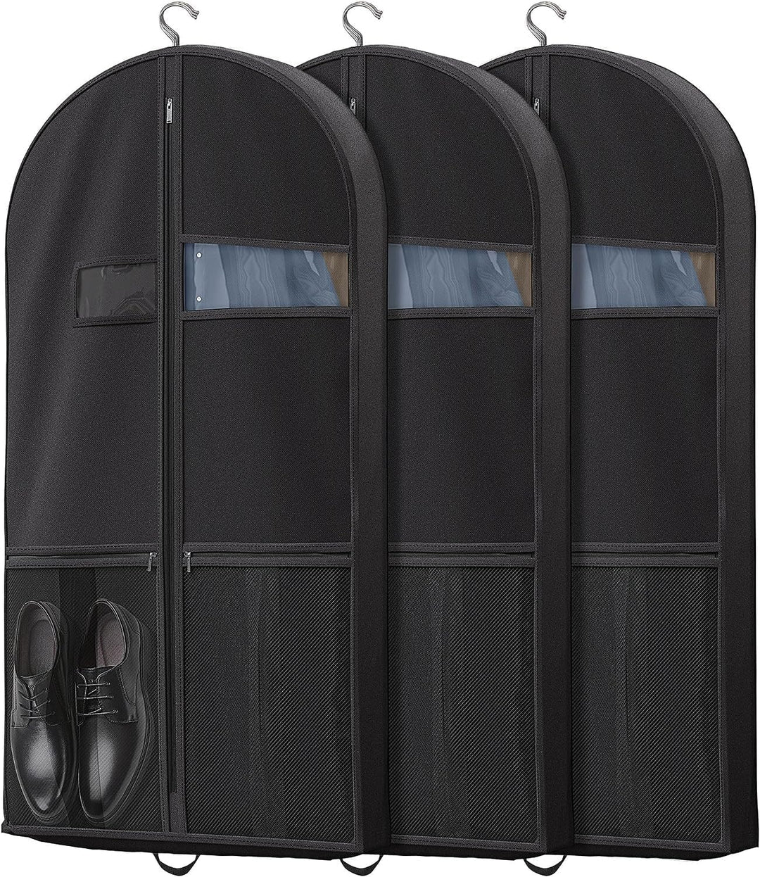 Heavy-duty travel garment bag for suits & dresses, with clear window & accessory pockets.