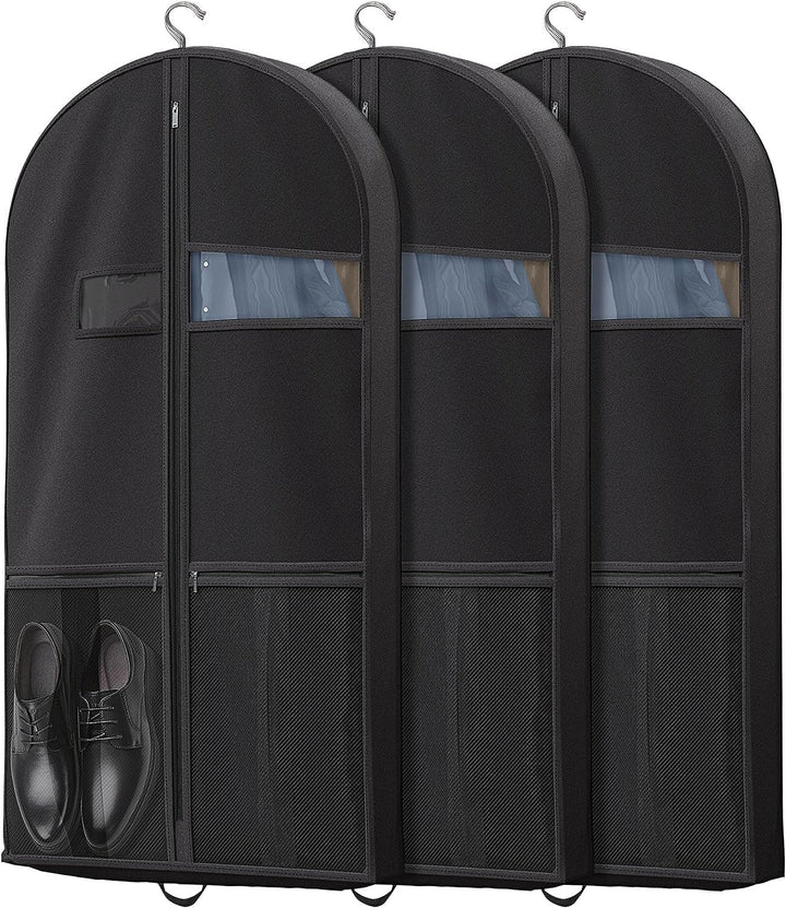 Heavy-duty travel garment bag for suits & dresses, with clear window & accessory pockets.