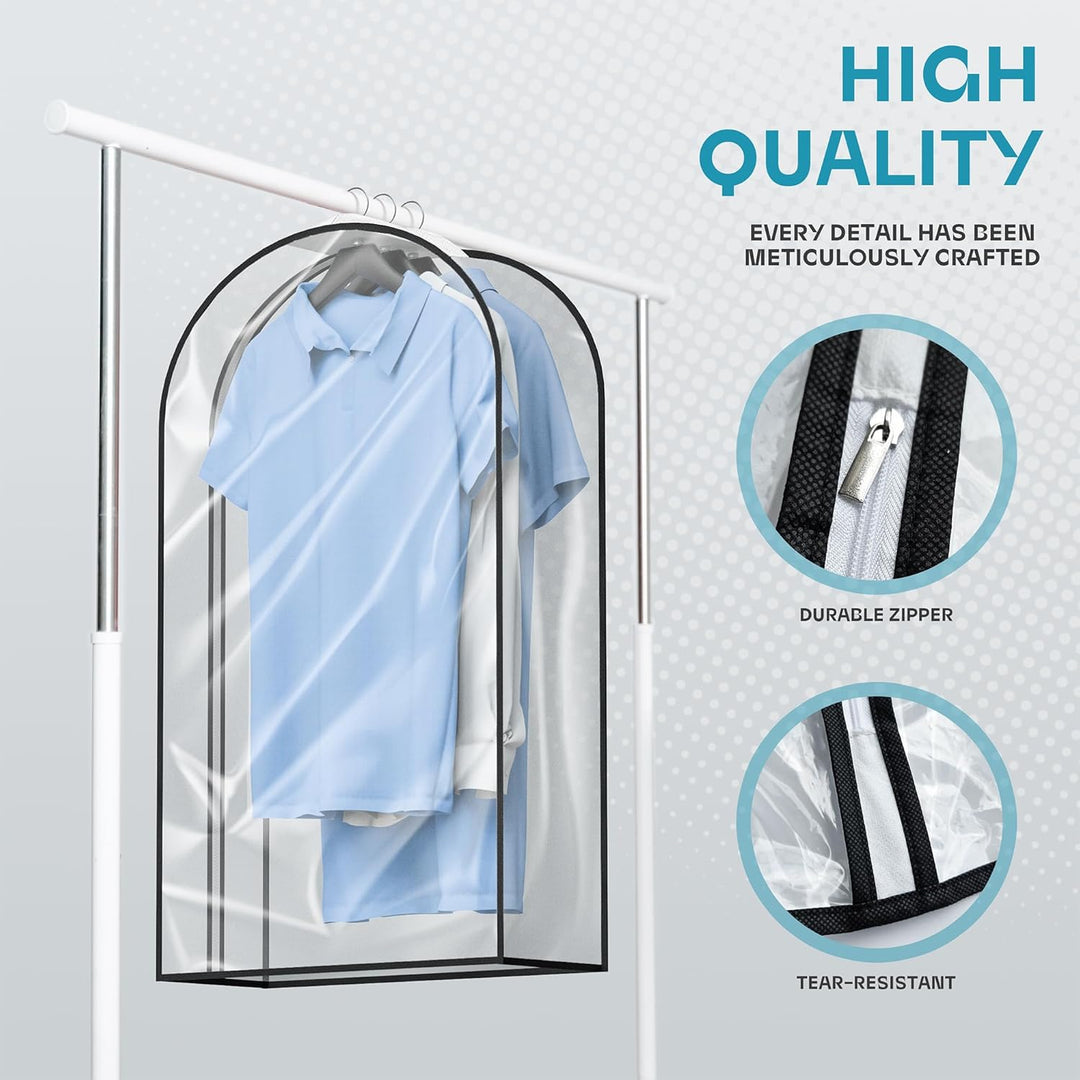 Heavy-duty garment bag, unisex design, clear window for easy content viewing.