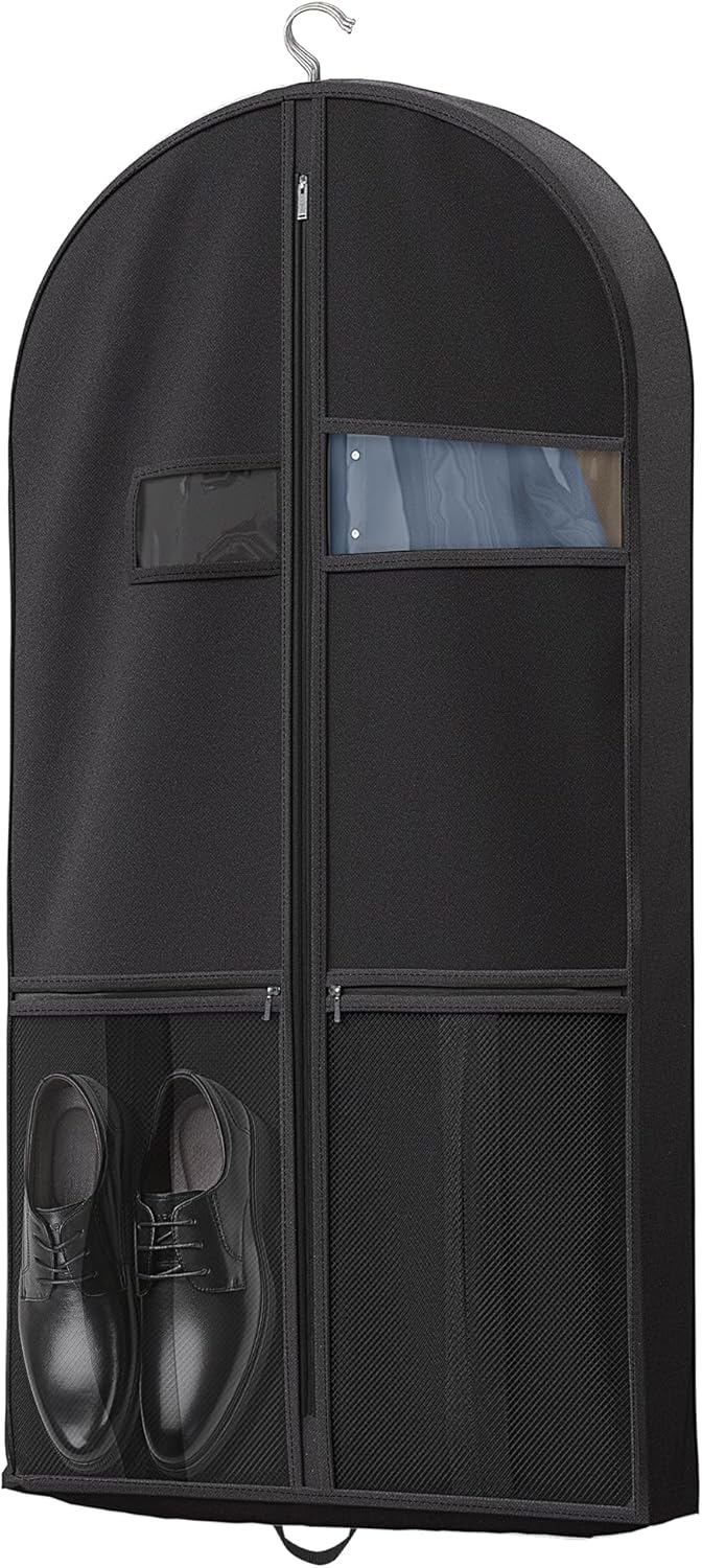Unisex dress garment bag, clear window, durable for travel, easy accessory access.