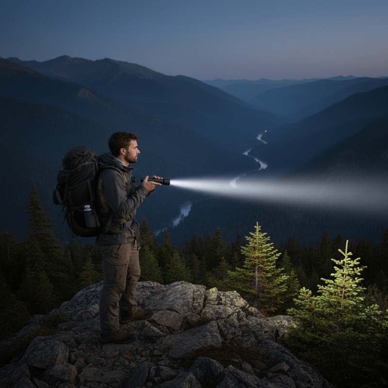 High-power 100,000 lumen LED flashlight, USB rechargeable & waterproof for outdoor camping & emergency.