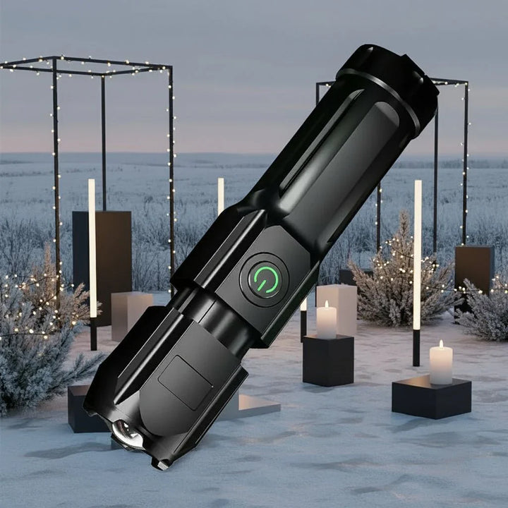 Powerful 100,000 lumen LED flashlight beam illuminating a dark trail, showcasing its zoom function.