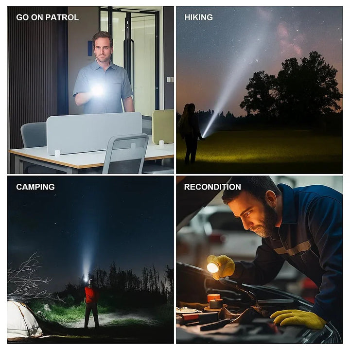 USB rechargeable high-power LED flashlight with visible charging port, perfect for camping & hiking.