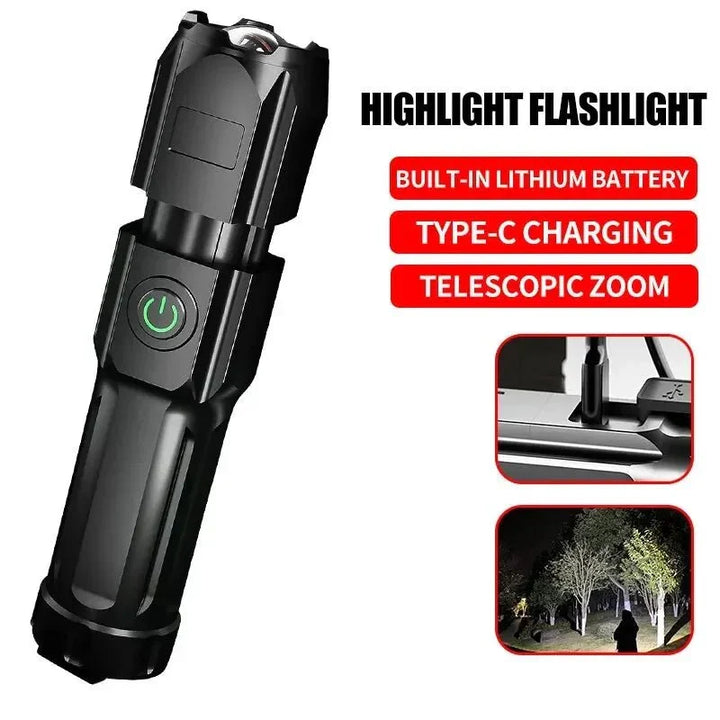 Waterproof 100,000 lumen LED flashlight submerged in water, demonstrating its durability for outdoor use.