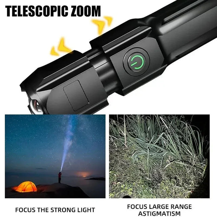 Portable high-power LED flashlight with charging cable, essential gear for hiking, camping & utility.