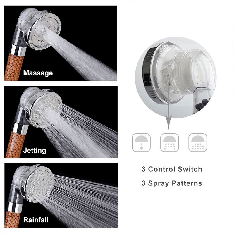 Chrome high-pressure shower head with visible ionic filter, perfect for a spa-quality home bath