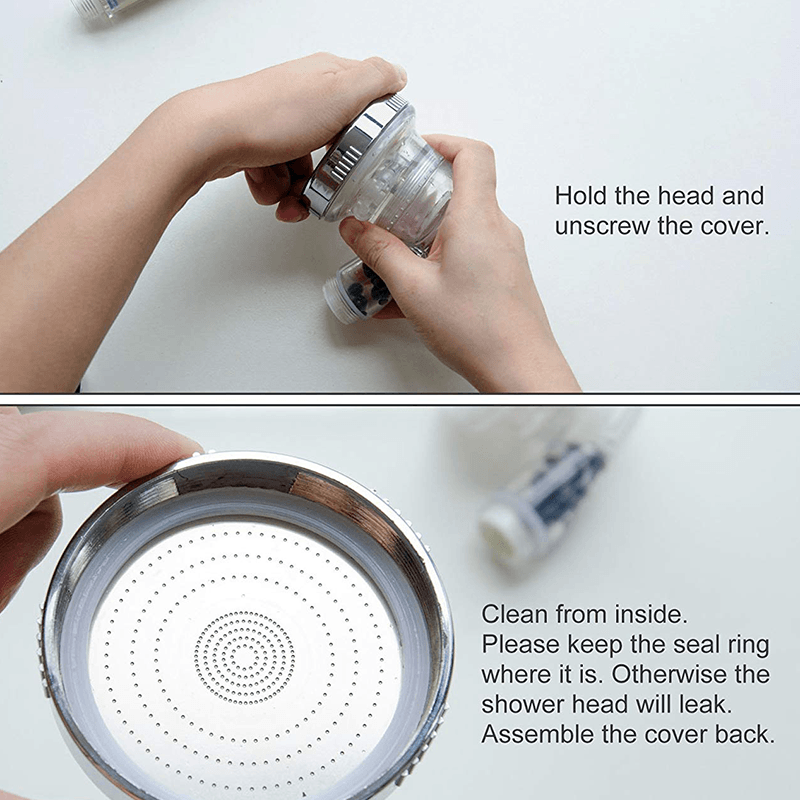 Bathroom shower head marketing image, highlighting high-pressure and ionic water filter benefits