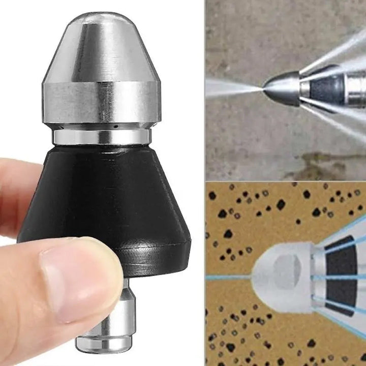 Household high-pressure jetting nozzle, stainless steel for efficient pipe clearing