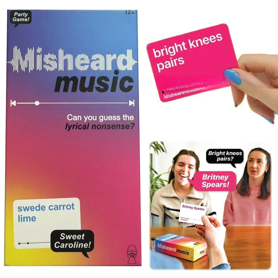 Players enjoying the funny "Nonsongz" misheard lyrics card game, guessing lyrical phrases.