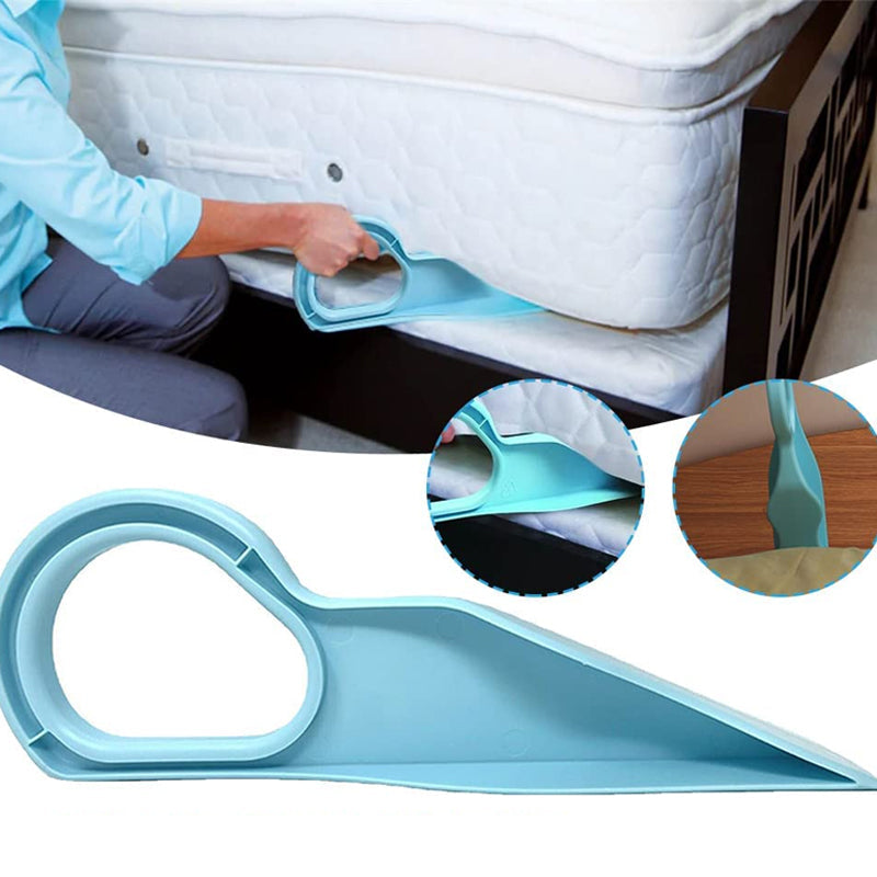 Bedding aid in action, lifting mattress to smoothly tuck in sheets, a smart home solution