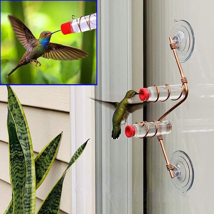 Hummingbird feeder for window viewing with red accents, perfect for bird watching & garden decor