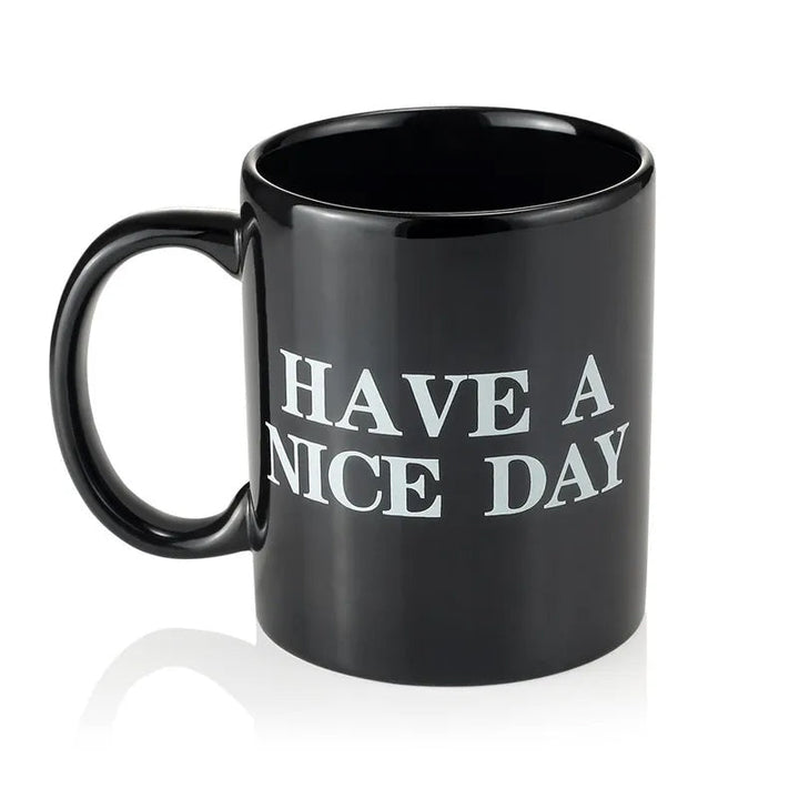 Empty funny coffee mug, ready for morning coffee