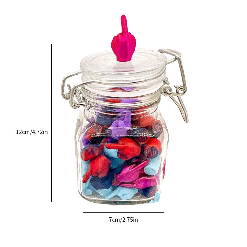 Gag gift for co-workers: Humorous jar filled with middle finger gestures, a unique desk decoration.