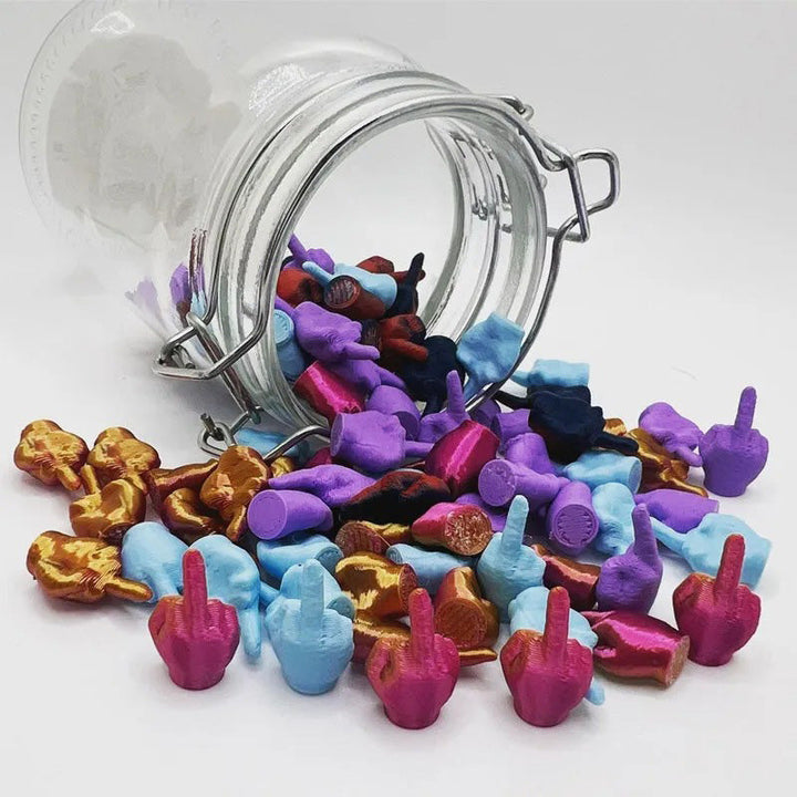 Gag gift for office. Desktop jar with many middle finger figures, humorous and iconic expression.