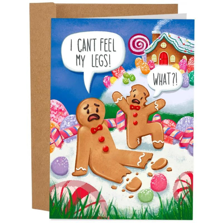 Open humorous Christmas card with a joke inside, demonstrating the playful tone of the gift cards set.