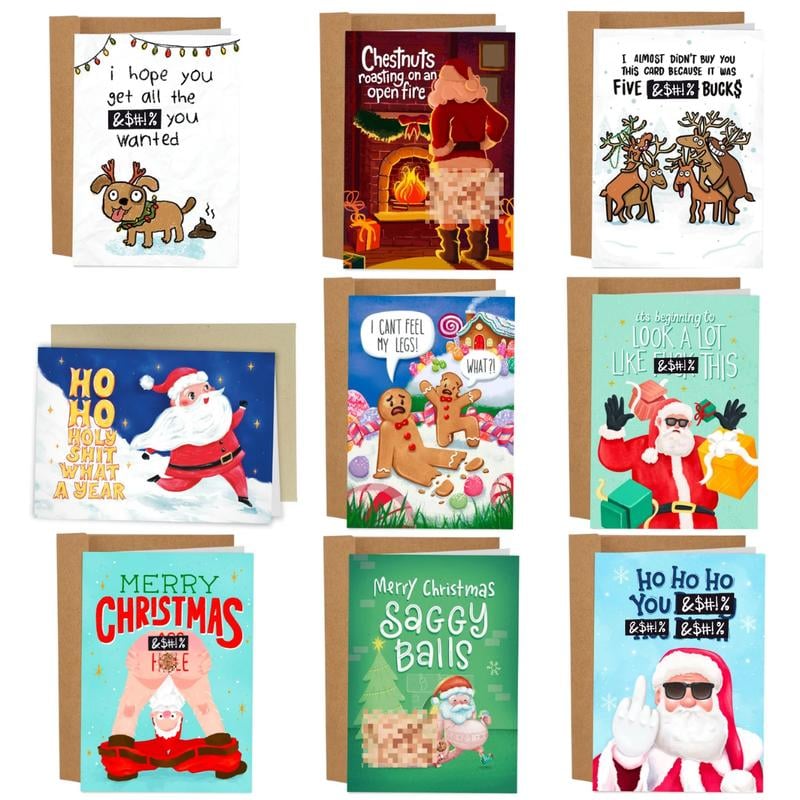 Detail shot of the printing and texture on one of the humorous holiday cards, highlighting quality.
