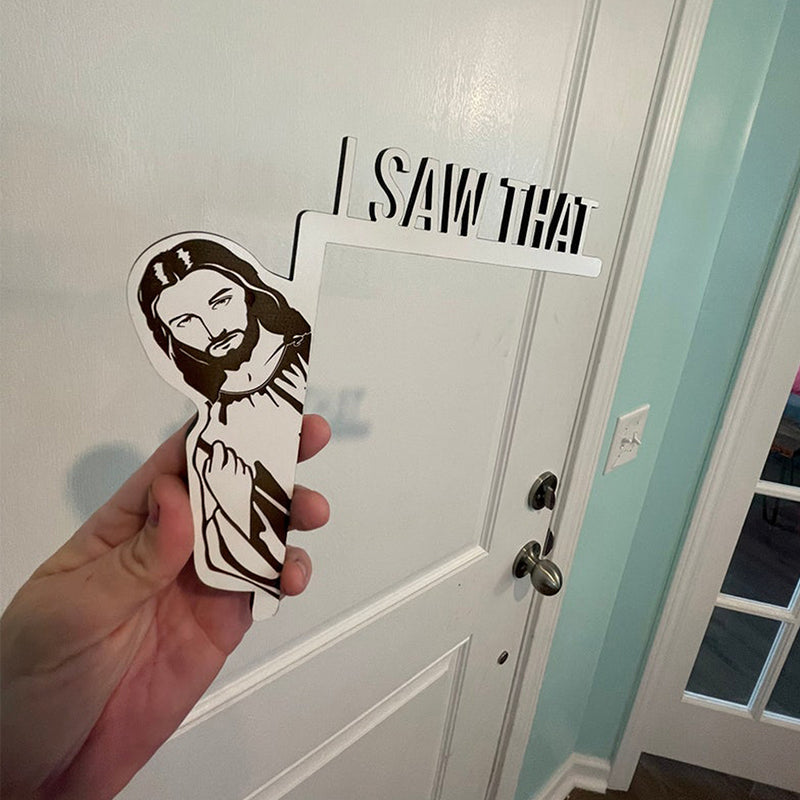 Creative display of 'I Saw That' wood door hanger, perfect for quirky home decor or novelty gift