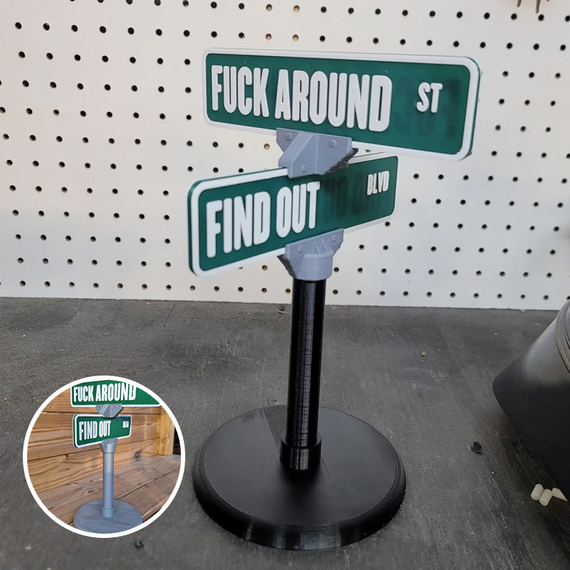 Creative street sign desk decor, perfect for humorous office or man cave settings
