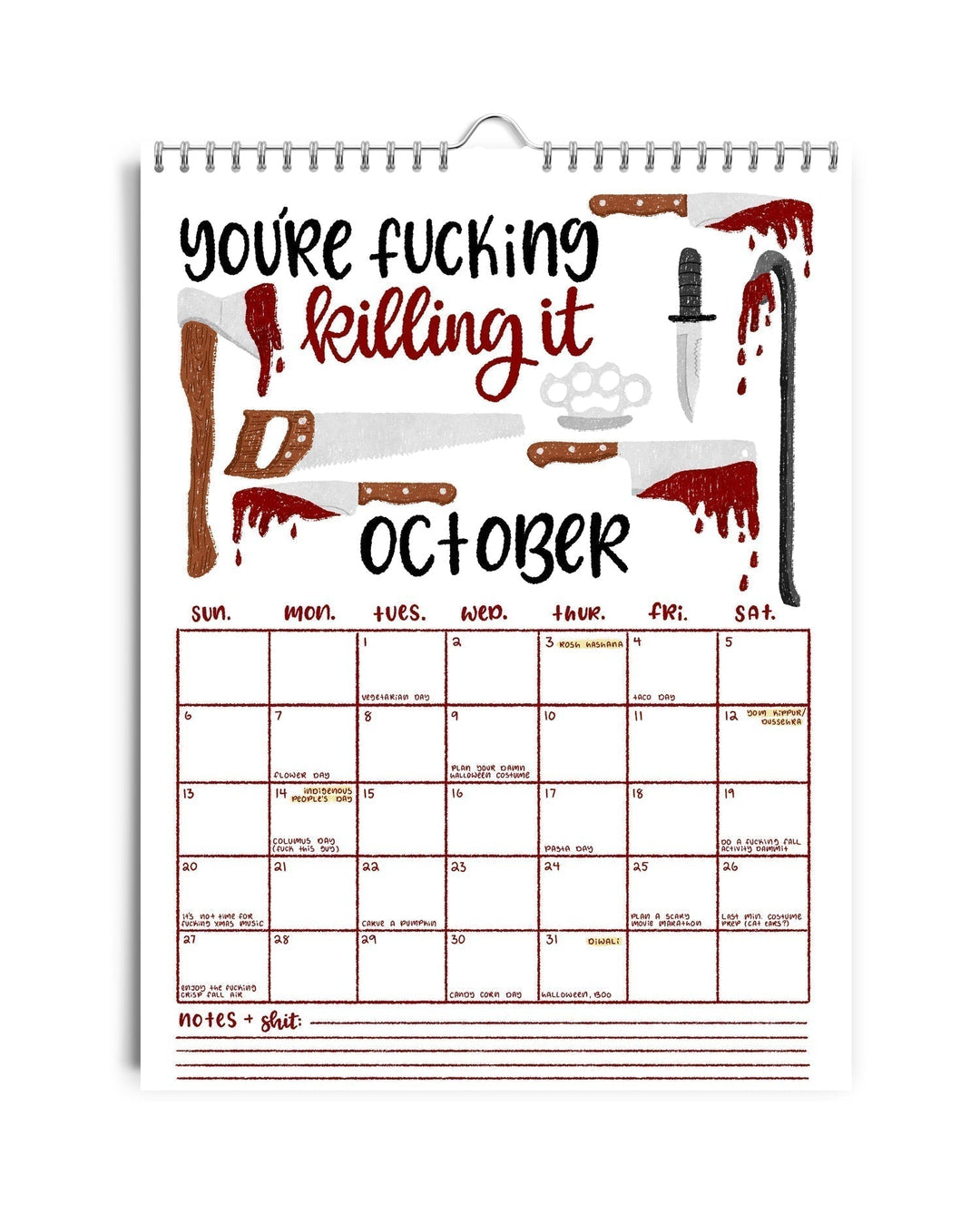 Side profile of the Humorous Sweary Wall Calendar 2025, showing sturdy spiral binding