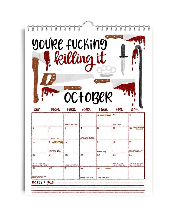 Side profile of the Humorous Sweary Wall Calendar 2025, showing sturdy spiral binding