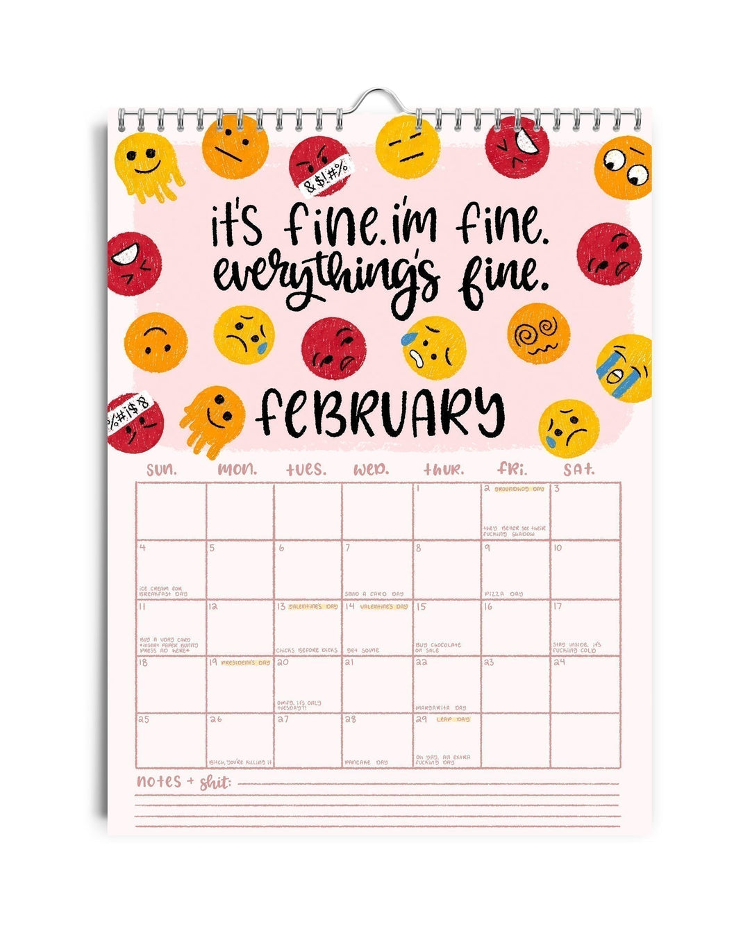 Wall-mounted Humorous Sweary 2025 Calendar, open to a vibrant, witty monthly spread