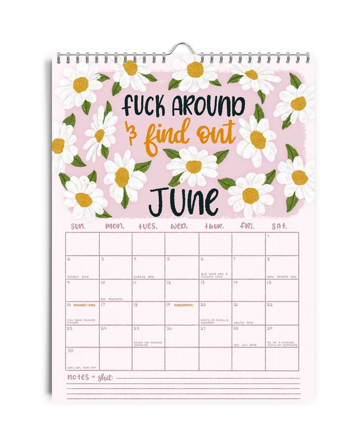 Calendar hanging on a office wall, displaying a humorous, sweary quote for 2025 planning