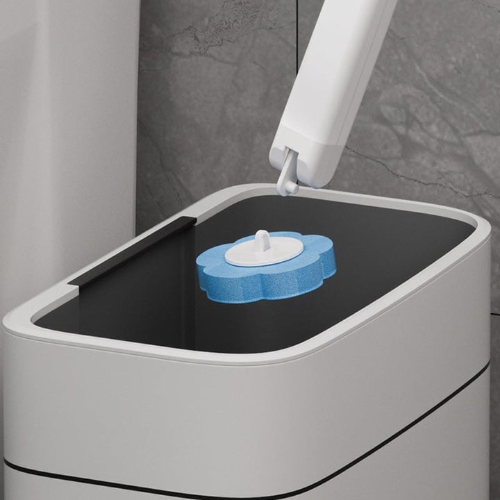 Compact disposable toilet brush and storage caddy, perfect for small bathrooms