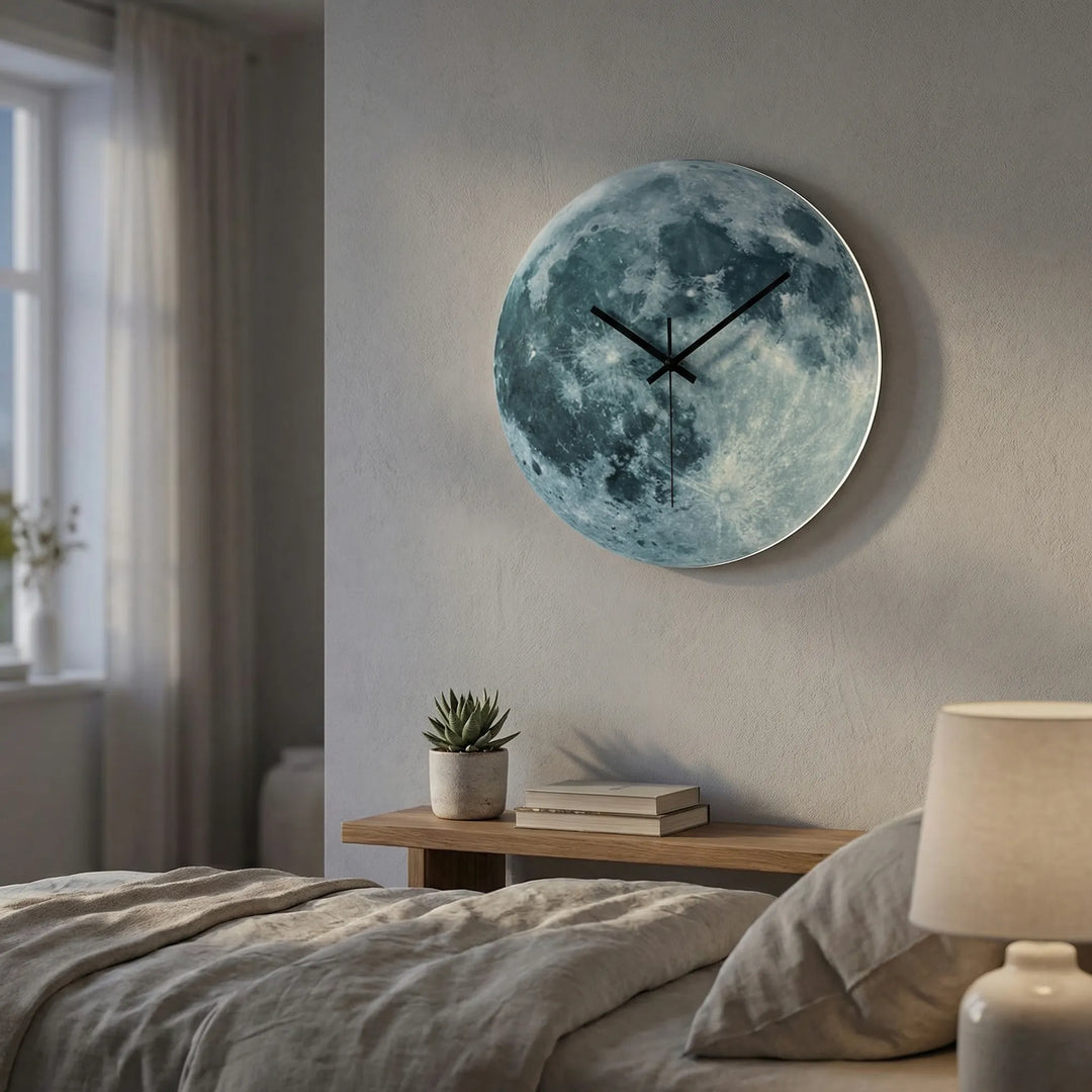 Illuminated moon wall clock with a soft ambient glow, perfect for modern home decor and lunar art enthusiasts.