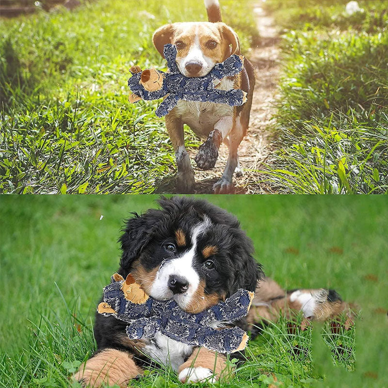 Indestructible bear dog toy, made with strong fabric to withstand aggressive chewing and provide pet entertainment.